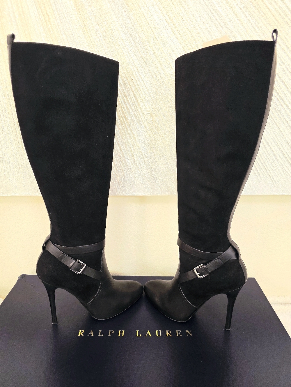 Ralph Lauren Black Leather & Suede Knee-High Stiletto Buckle Boots - Size US 8.5 - Picture 6 of 15